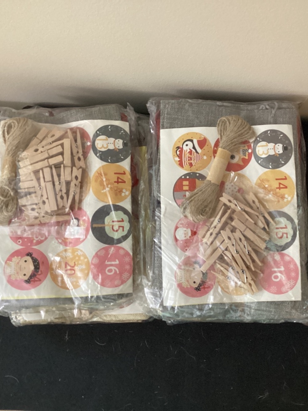 Red gray tan burlap bags advent calendar clothes pins countdown stickers twine